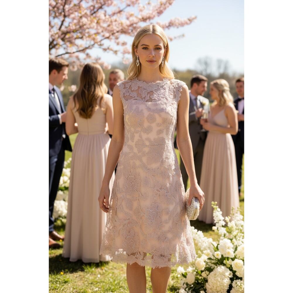 Wedding Guest Dress Tadashi Shoji Pink Embroidered Lace Fit Flare Midi